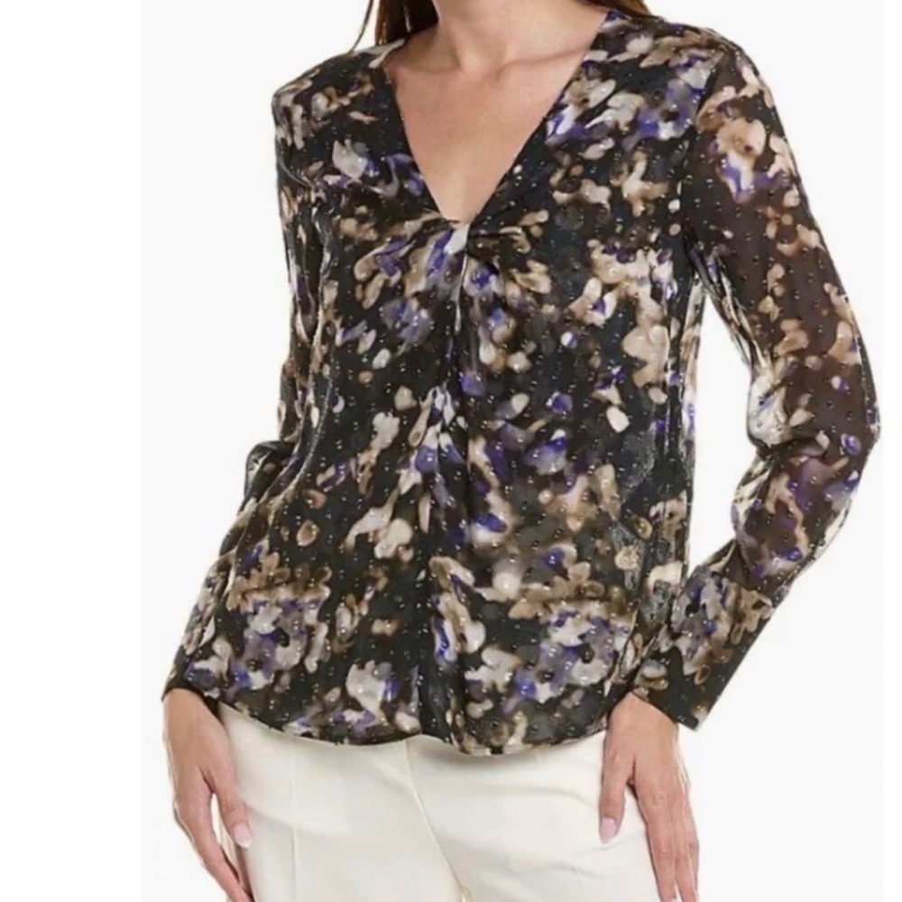 $395 NWOT BOSS Hugo Boss Blk Floral Twist V-Neck Blouse Size 2 Semi-Sheer *READ*